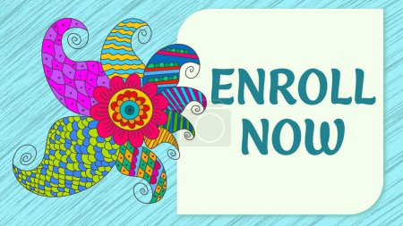 Photo for Enroll Now text written over blue colorful background with doodle element. - Royalty Free Image