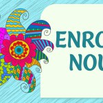 Enroll Now text written over blue colorful background with doodle element.