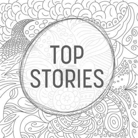 Top Stories Text auf schwarz-weißem Hintergrund mit Doodle-Textur.