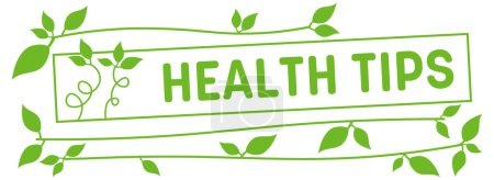 Health Tips concept image with text and green leaves symbols.