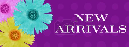New Arrivals text written over purple floral background.