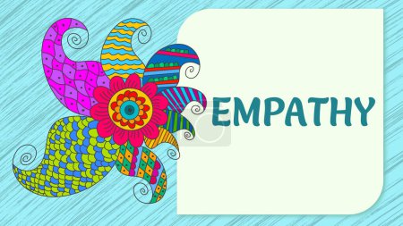 Texto de empatía escrito sobre fondo azul con elemento de diseño colorido.