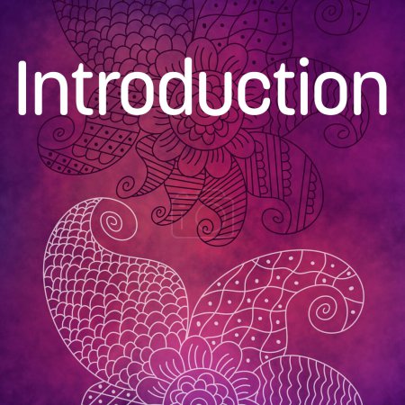 Texte d'introduction écrit sur fond violet rose texture avec des éléments doodle.