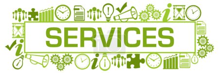 Services concept image with text and business symbols.
