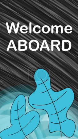 Foto de Welcome Aboard texto escrito sobre fondo turquesa oscuro con hojas. - Imagen libre de derechos