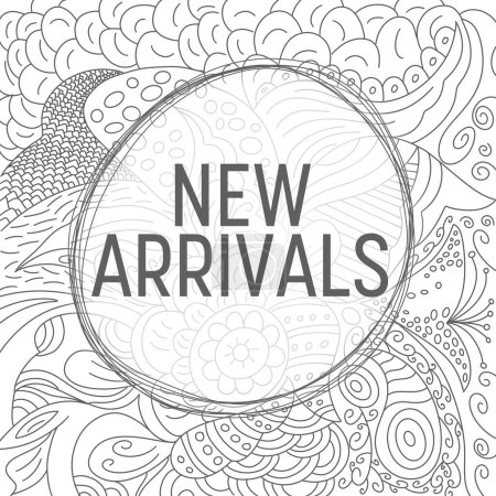 New Arrivals text written over background with doodle texture.
