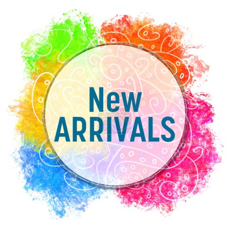 New Arrivals text written over colorful background.