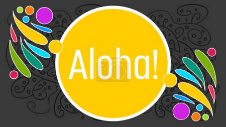 Aloha texto escrito sobre fondo oscuro con círculo amarillo y elemento garabato.