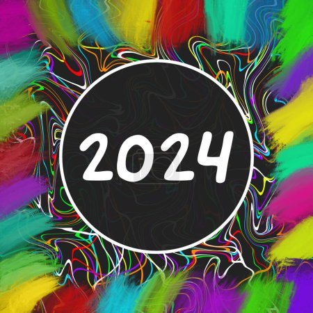 New Year 2024 text written over dark colorful background.