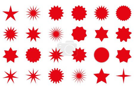 Illustration for Set of red star or sun shaped sale stickers. Promotional sticky notes and labels. - Royalty Free Image