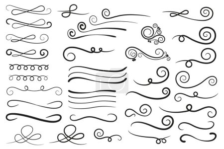 Ilustración de Swirl, Swoosh Flourish sign. Swishes, swashes, swoops design element. Hand drawn decorative curly text dividers. - Imagen libre de derechos