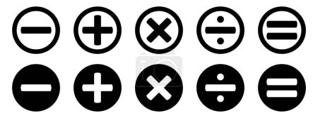 Icono matemático básico, símbolo matemático básico. Conjunto de símbolos matemáticos: más, menos, multiplicación, división, iguales. Ilustración vectorial aislada sobre fondo blanco.