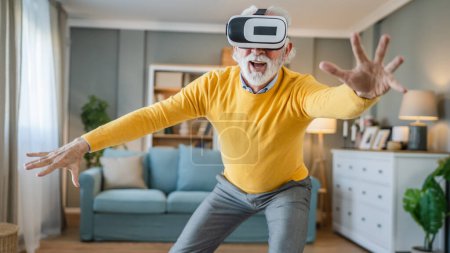 Photo for Man mature senior caucasian male at home enjoy virtual reality VR headset - Royalty Free Image