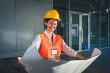 Photo for Architect woman female construction engineer stand outdoors wear protective helmet and west in front of modern building wall hold construction plans - Royalty Free Image