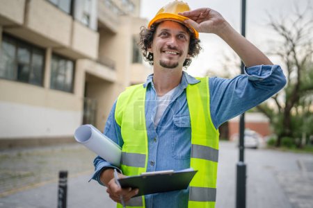 Photo for Architect man construction engineer worker or inspector stand outdoors in front of modern building with protective helmet on head and documents in hands looking around - Royalty Free Image