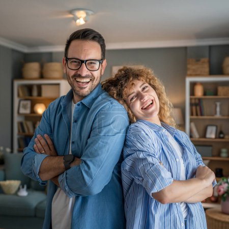Photo for Happy caucasian adult couple man and woman at home together smile husband and wife or boyfriend and girlfriend stand have fun - Royalty Free Image