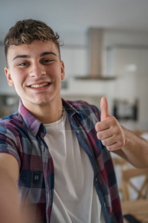 Photo for Portrait of teenage boy caucasian teen male young man stand at home - Royalty Free Image