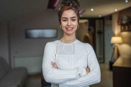 Photo for Portrait of one woman young caucasian female standing at home smile - Royalty Free Image