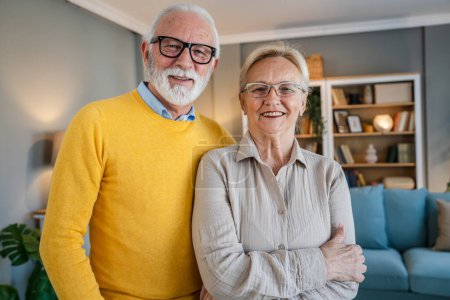 Photo for Portrait of senior husband and wife happy caucasian man and woman old couple at home - Royalty Free Image