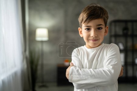Photo for One boy caucasian child seven years old kid at home schoolboy portrait - Royalty Free Image
