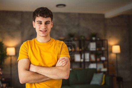 Photo for Portrait of young caucasian teen male young man stand at home - Royalty Free Image