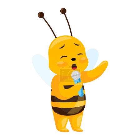 Téléchargez les illustrations : Cute bee signs isolated on white background. Smiling cartoon character performs with a microphone. Design of funny insect sticker for showing emotion. Vector illustration - en licence libre de droit