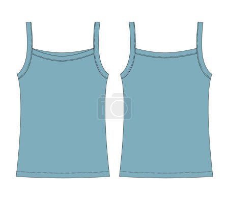 Illustration for Baby sleeveless tank top with straps technical sketch. Children outline undershirt. Skyblue color. Back and front view. Front and back view. CAD fashion design. Vector illustration - Royalty Free Image