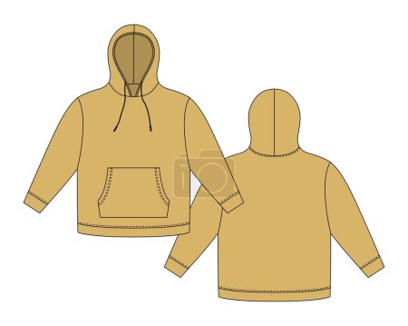 Hoodie template in golden color. Apparel hoody technical sketch mockup. Sweatshirt with hood, pockets. Unisex jumper. Casual clothes. Front and back. CAD fashion vector illustration