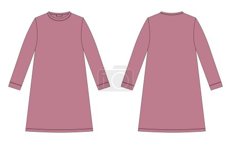 Illustration for Nightdress technical sketch. Cotton chemise for children. Pudra color. Nightgown. Back and front view. Design for packaging, fashion catalog Vector CAD illustration. - Royalty Free Image