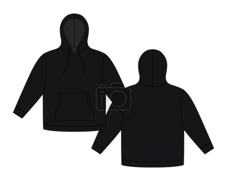 Hoodie-Vorlage in schwarzer Farbe. Technische Sketch-Attrappe für Kapuzenpullover. Sweatshirt mit Kapuze, Taschen. Unisex-Pullover. Lässige Kleidung. Vorne und hinten. CAD Mode Vektor Illustration