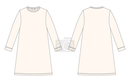 Illustration for Nightdress technical sketch. Cotton chemise for children. Milk color. Nightgown. Back and front view. Design for packaging, fashion catalog Vector CAD illustration. - Royalty Free Image