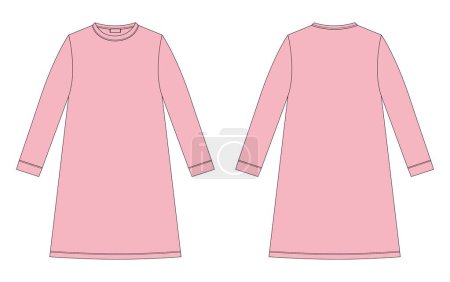 Illustration for Nightdress technical sketch. Cotton chemise for children. Peach pink color. Nightgown. Back and front view. Design for packaging, fashion catalog Vector CAD illustration. - Royalty Free Image