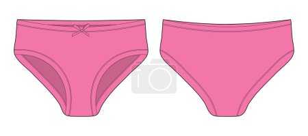 Technical sketch of briefs for girls. Female underpants. Bright pink color. Women casual panties. Front and back. CAD mockup. Fashion vector illustration