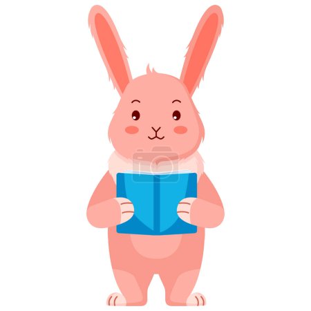 Ilustración de Lindo conejo rosa con un libro. Conejito de Pascua. Diseño de animales divertidos pegatina para mostrar emoción. Ilustración vectorial - Imagen libre de derechos