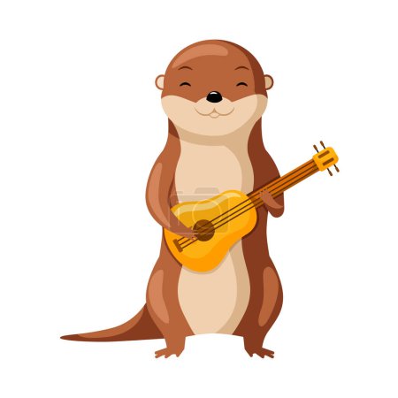 Illustration for Cute otter playing ukulele. Cute cartoon musican character. Design of funny animals sticker for showing emotion. Vector illustration - Royalty Free Image