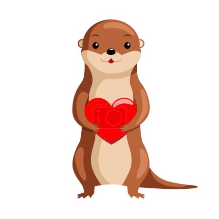 Cute otter with holding a big red heart animal character. Valentine's Day. Design of funny animals sticker for showing emotion. Vector illustration