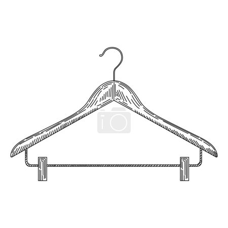 Illustration for Wooden coat hanger with clothespins in vintage engraved style. Sketch of coat hanger. Front view. Isolated on white background. Vector illustration - Royalty Free Image