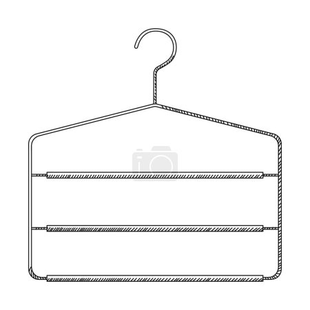Illustration for Sketch of coat hanger for trousers. Metal coat hanger with clothespins in vintage engraved style. Front view. Isolated on white background. Vector illustration - Royalty Free Image