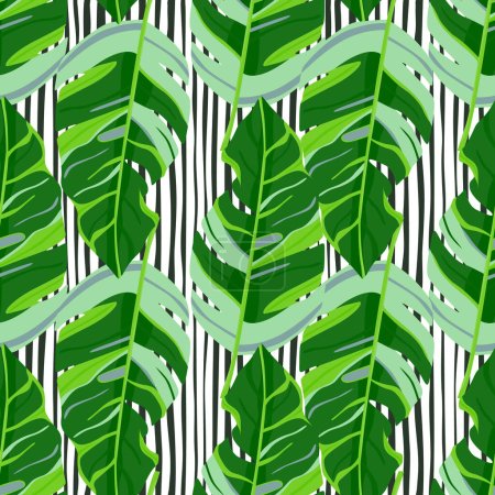 Illustration for Hawaiian-inspired pattern. Fashionably exotic, palm trees and lush greenery wallpaper. Abstract backdrop botanical garden. Beautiful pattern, vector illustration, tropical paradise. - Royalty Free Image