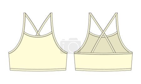 Illustration for Girl bralette technical sketch. Yellow color. Women's top bra with straps underwear design template. Casual underclothing. Front and back views. Vector CAD design illustration - Royalty Free Image