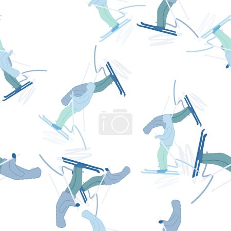 Téléchargez les illustrations : Modèle sans couture des skieurs en action sur un fond blanc, capturant l'essence dynamique du ski. - en licence libre de droit