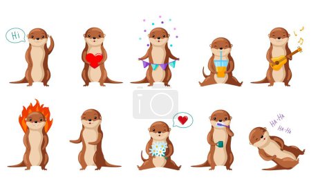 Illustration for Adorable collection of otter emojis in playful poses. Ideal for fun and engaging illustrations. - Royalty Free Image