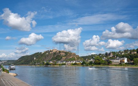 Photo for KOBLENZ, GERMANY - SEPTEMBER 30, 2021: Panoramic image of fortress Ehrenbreitstein close to the Rhine river with white clouds on September 30, 2021 in Koblenz, Germany - Royalty Free Image
