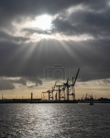 Photo for HAMBURG, GERMANY - OCTOBER 23, 2021: Port of Hamburg in morning light on October 23, 2021 in Germany - Royalty Free Image