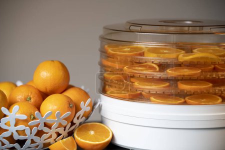 Téléchargez les photos : Oranges fraîches et fruits secs sur fond gris - en image libre de droit