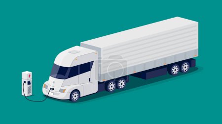 Illustration for White electric us semi truck trailer with container charging parking at the charger station with plug in cable. Illustration of conventional cab shipping delivery vehicle. Electrified transport future - Royalty Free Image