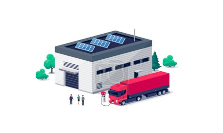 EU electric semi-truck trailer container charging parking at the charger station with plug in cable near cargo business commercial warehouse logistic hall factory centre building with solar panels. 