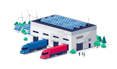 Illustration for US semi-truck at warehouse logistic hall centre unloading process. Company business cargo transport delivery vehicles. Renewable solar wind electricity energy factory. Retail shipping distribution. - Royalty Free Image