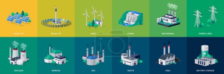 Illustration for Electricity generation source types. Energy mix solar, water, fossil, wind, nuclear, coal, gas, biomass, geothermal and battery storage. Natural renewable pollution power line plant station resources. - Royalty Free Image