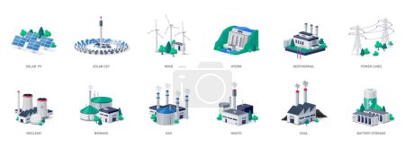 Illustration for Isolated electricity generation source types. Energy mix solar, water, fossil, wind, nuclear, coal, gas, biomass, geothermal and battery storage. Renewable pollution power line plant station resources - Royalty Free Image